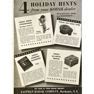 Eastman Kodak Co. "4 Holiday Hints from your Kodak Dealer" Vintage Print Ad 1941
